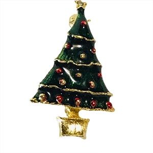 Enameled Green Christmas Tree Pin Unsigned Holiday Jewelry